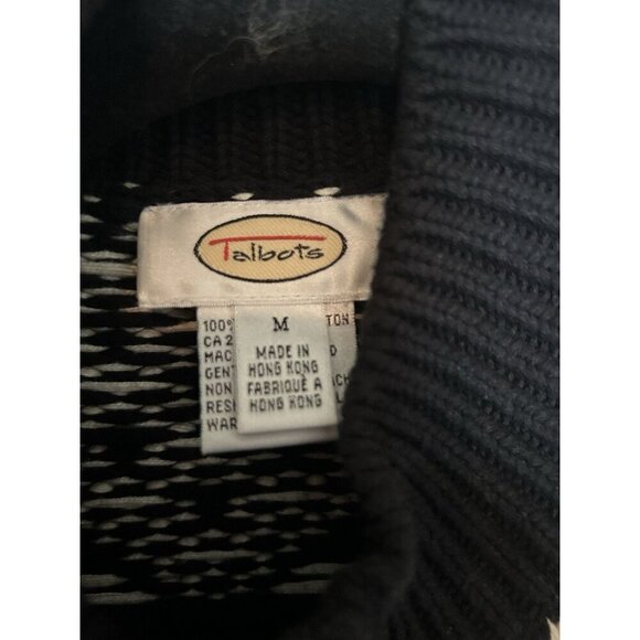 Talbots Cardigan Women Medium Black White Fair Isle Zip Up 100% Cotton Sweater - Picture 6 of 7